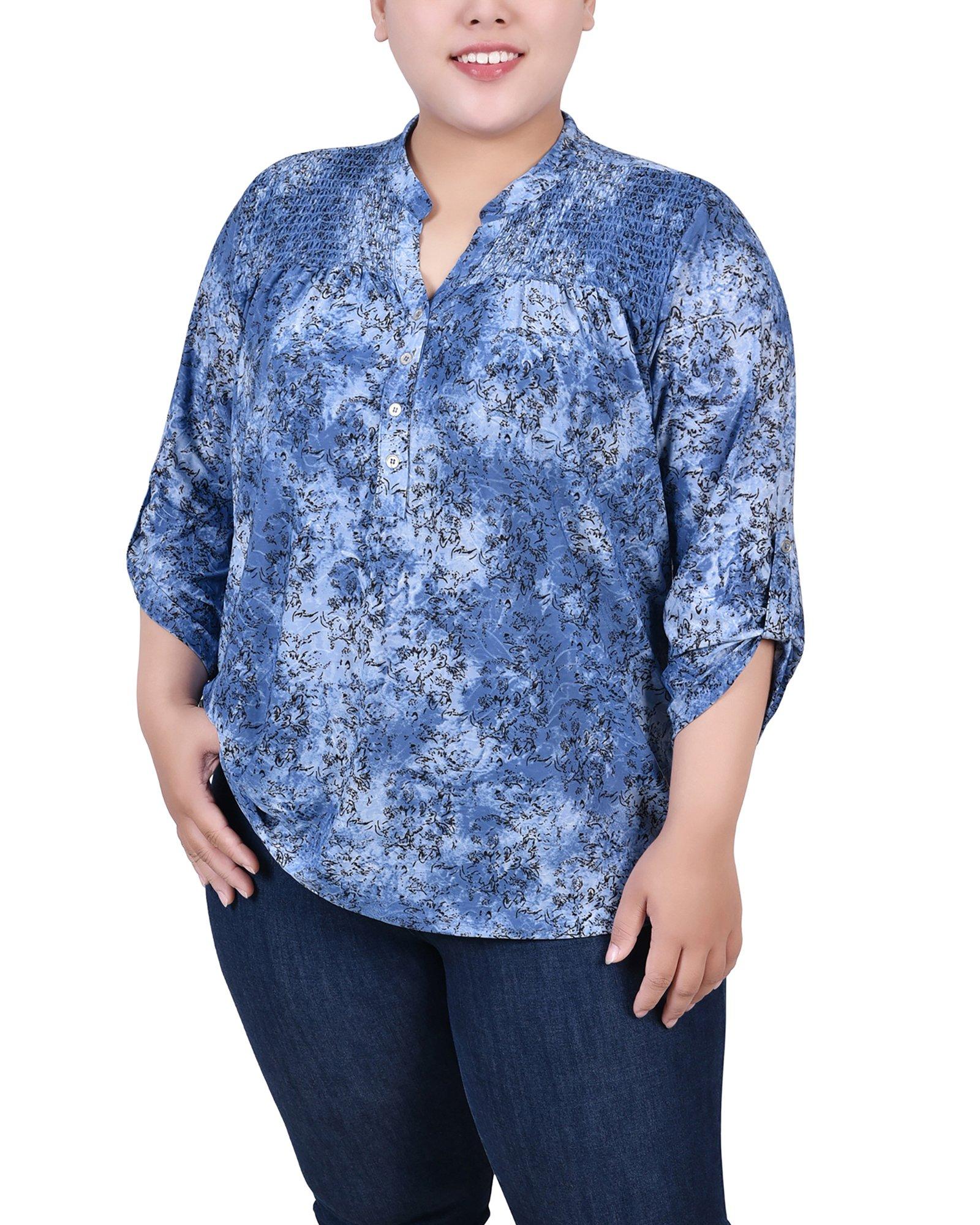 NY Collection Womens Plus Size 3/4 Sleeve Smocked-Yoke Top