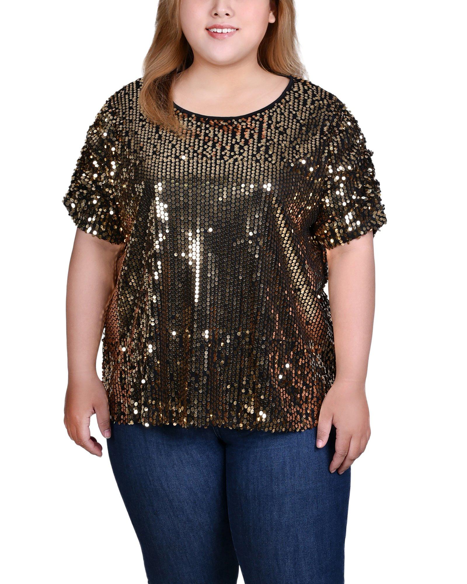 NY Collection Womens Short Sleeve Sequined Top