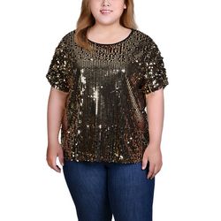 NY Collection Womens Short Sleeve Sequined Top