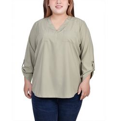 NY Collection Womens Roll Tab Sleeve Blouse with Pockets