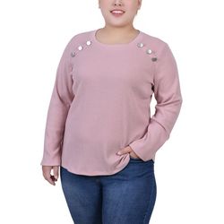 NY Collection Plus Size Long Sleeve Ribbed Button Detail Top
