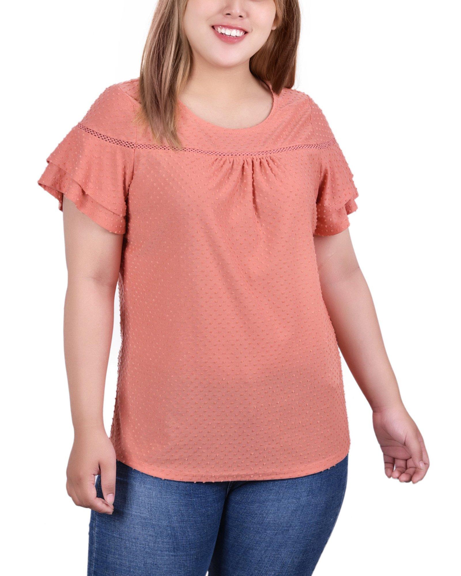 NY Collection Plus Double Flutter Sleeve Swiss Dot Top