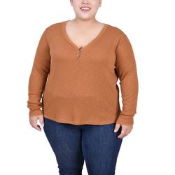 NY Collection Plus Size Long Sleeve Ribbed Henley Top