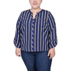 NY Collection Womens Plus Size Long Roll Tab Sleeve Blouse