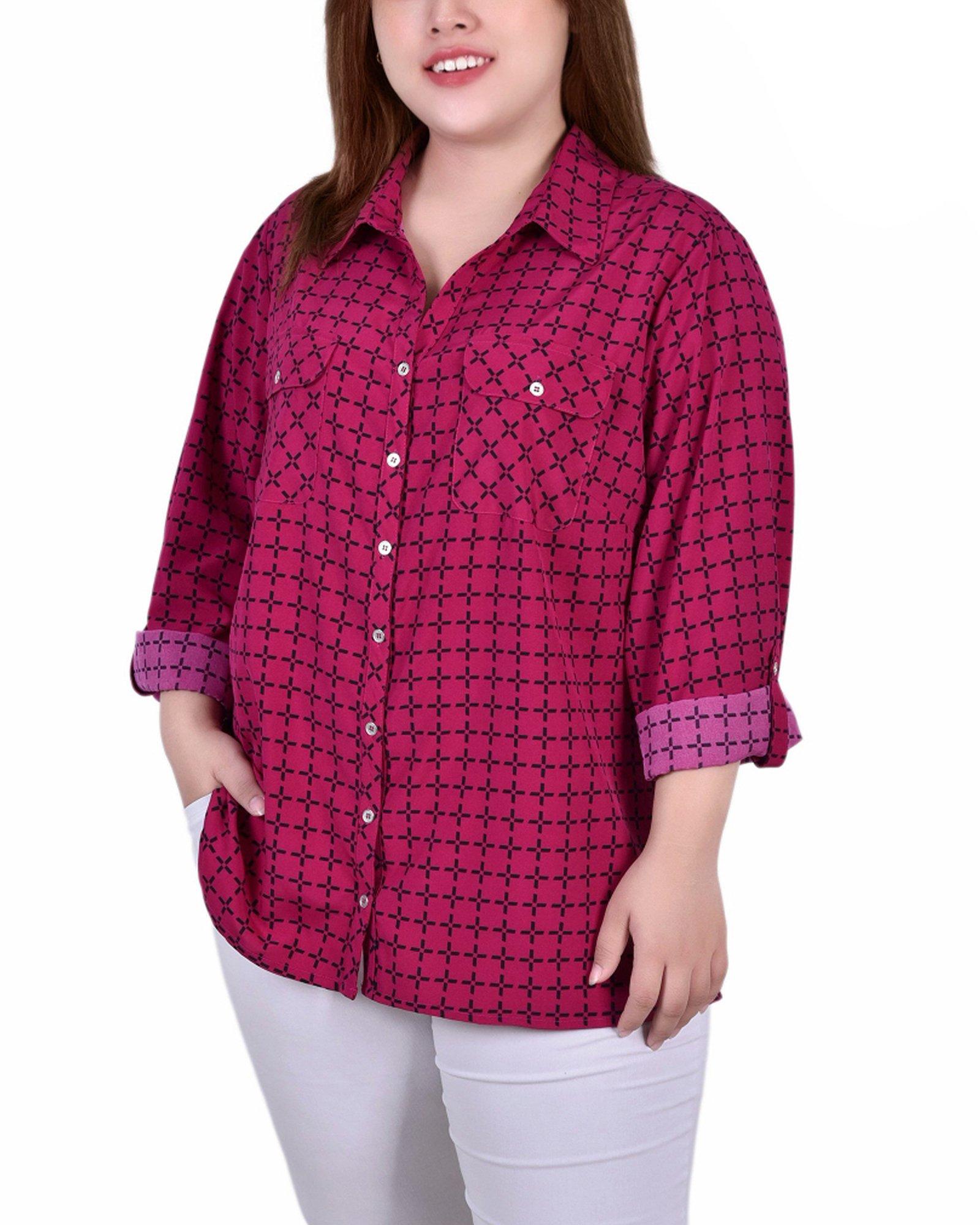 Womens Plus Size 3/4 Sleeve Roll Tab Blouse
