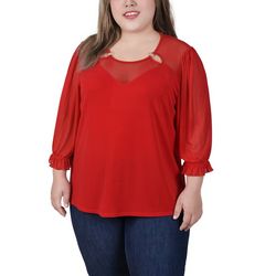 Womens Plus Size 3/4 Sleeve Ringed Top With Mesh