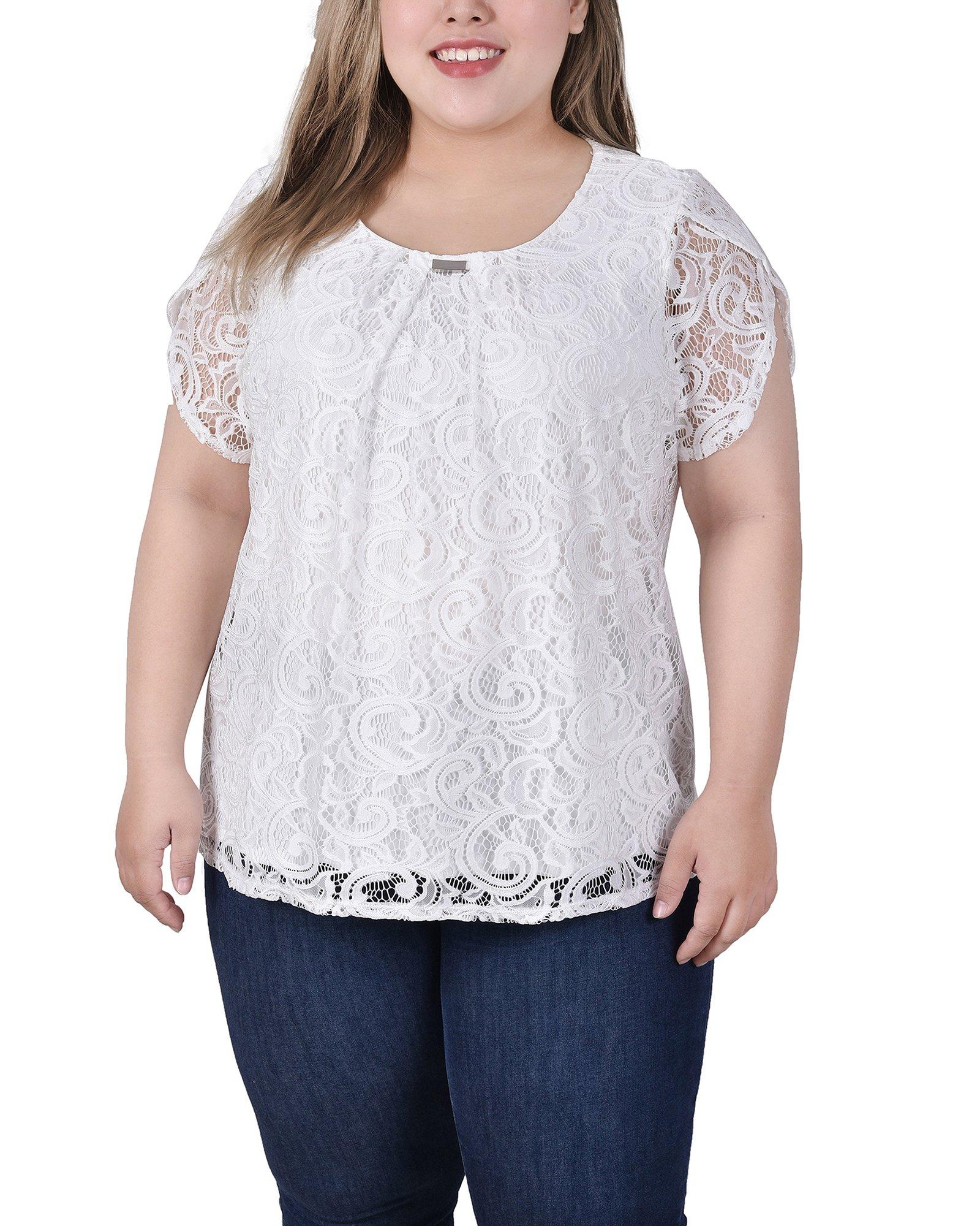 NY Collection Womens Plus Size Lace Petal Sleeve Top