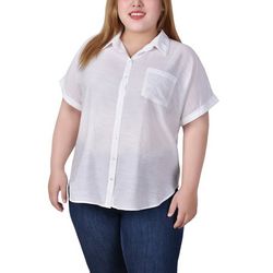 Womens Plus Size Short Sleeve Woven Front/Jersey Back Top