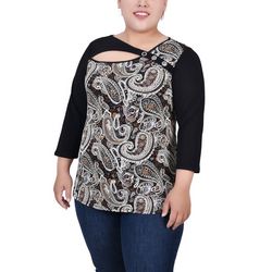 NY Collection Plus Size 3/4 Sleeve Puff Print Cutout Top