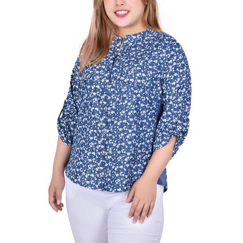 NY Collection Plus Floral Print Chambray Blouse