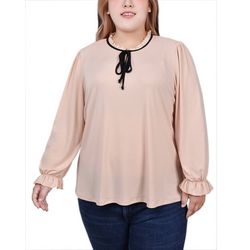 NY Collection Womens Long Sleeve Tie Neck Top