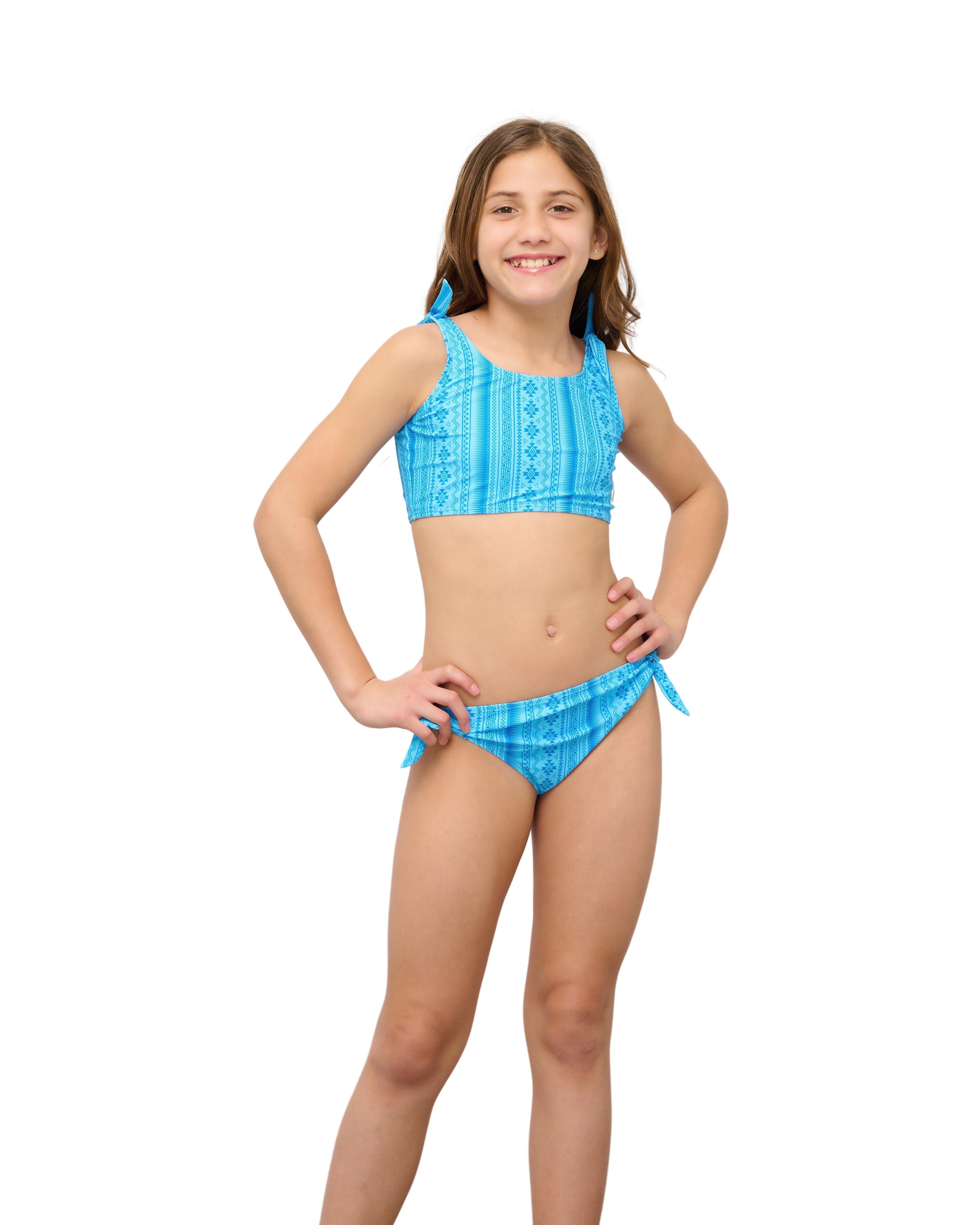 Little Girls Blue Aztec Bowtie Bikini Set