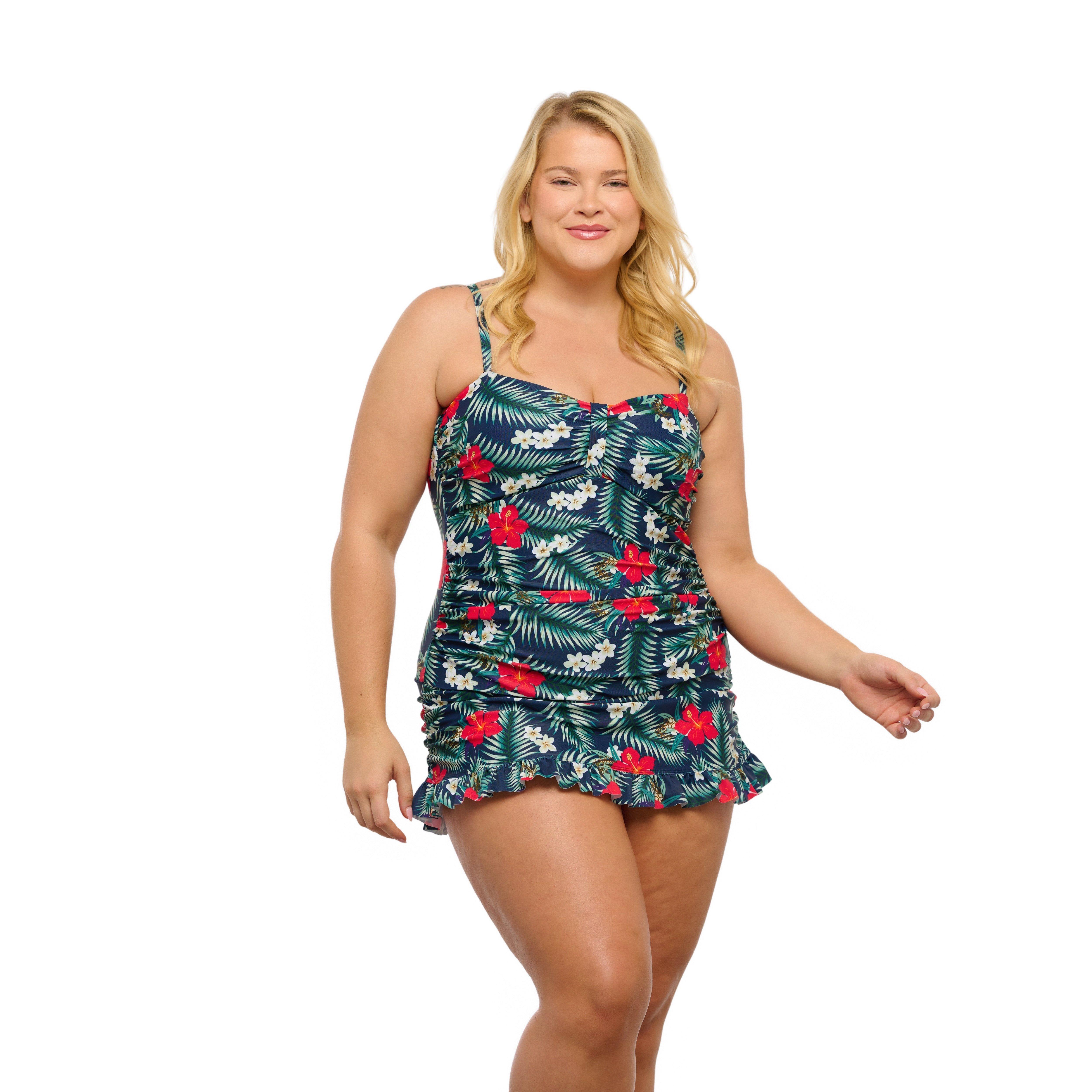 Plus Lido Shores Red Bloom Rouched Bandeau Swimdress