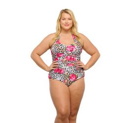 Plus Ana Maria Animal Floral Rouched Halter One Piece