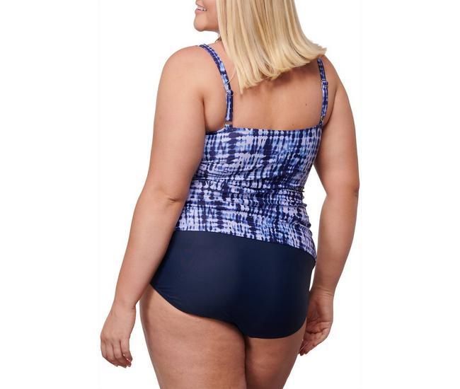 SWIM SOLUTIONS Women's Blue Patterned Stretch Tummy Control Lined Tiered  Adjustable Fixed Cups Scoop Neck One Piece Swimsuit 14