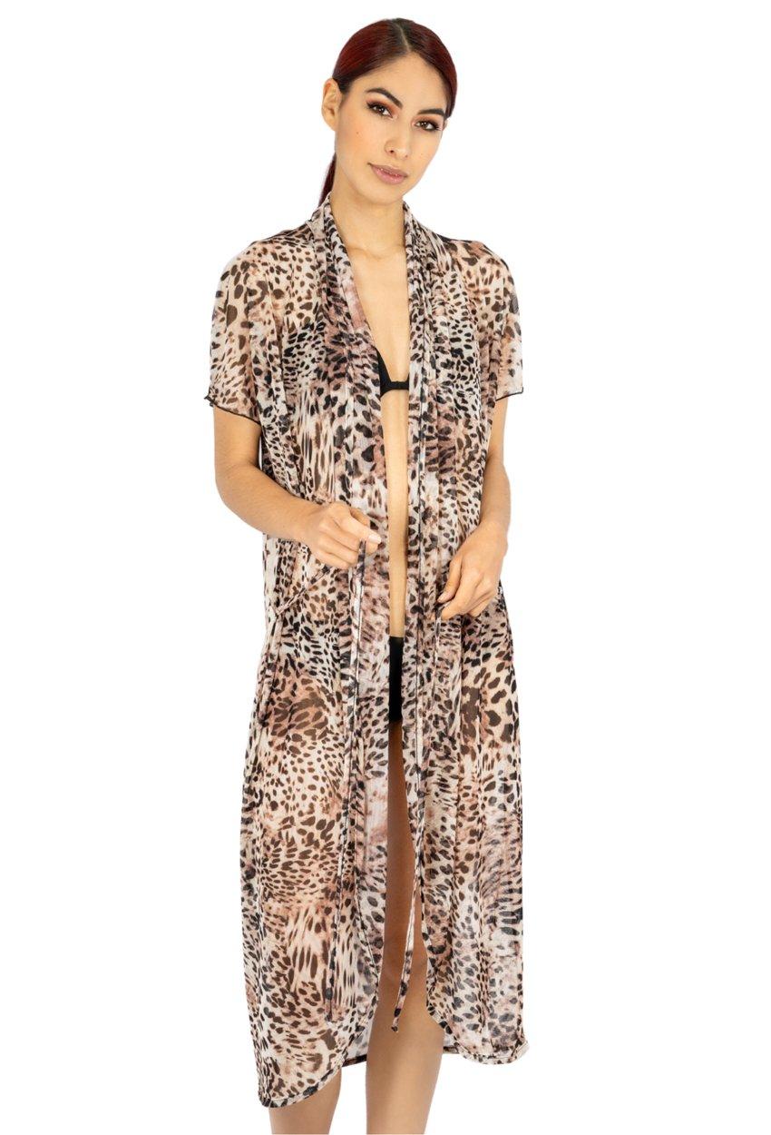 Animal Print Mesh Long Duster Cover Up with
