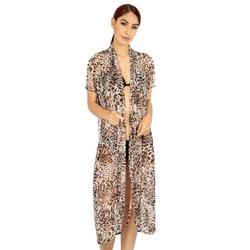 Animal Print Mesh Long Duster Cover Up with Tie Belt