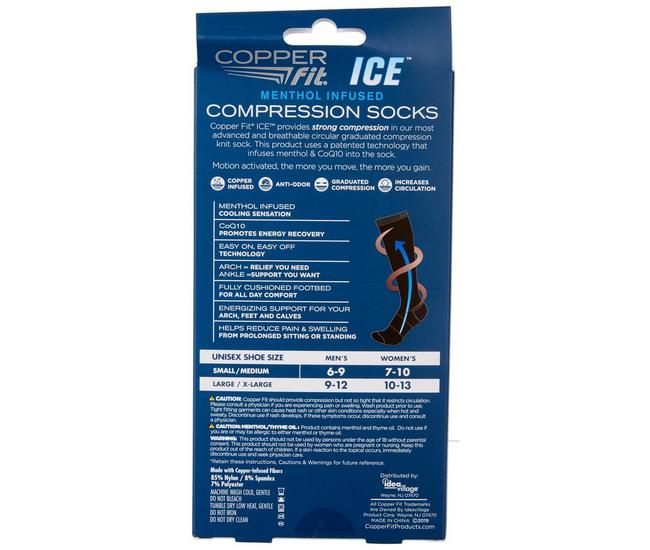 Copper Fit Ice Unisex Menthol Infused Compression Socks in Black, L/XL