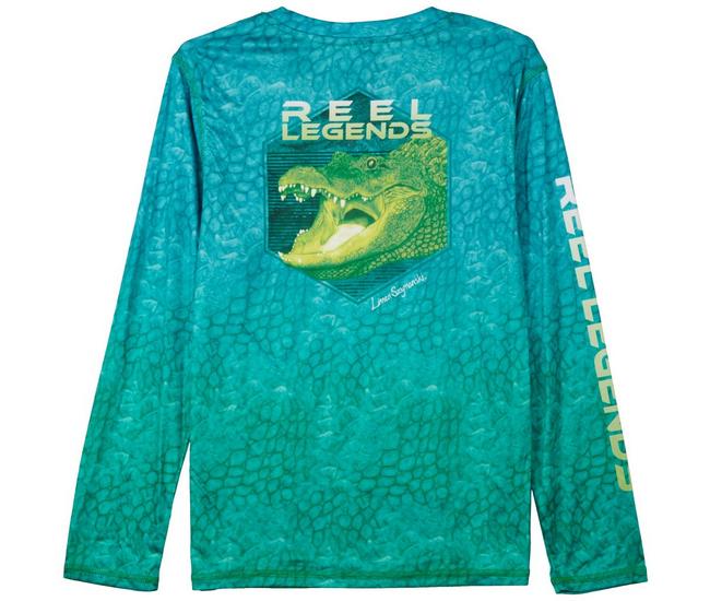 Reel Legends Big Boys Gator Long Sleeve T-Shirt - Green - Medium (8-10)