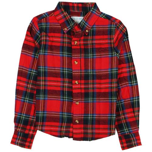 Big Boys Red Plaid Long Sleeve Flannel Button