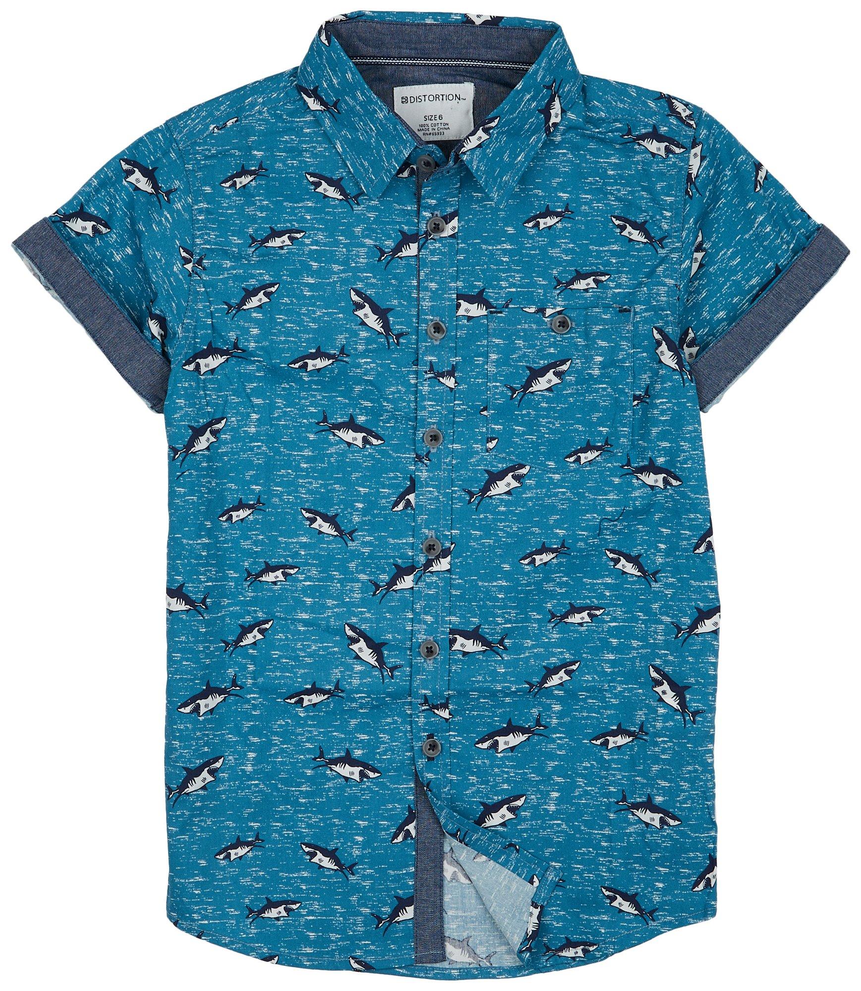 Distortion Little Boys Micro Shark Button Down Sleeve Shirt