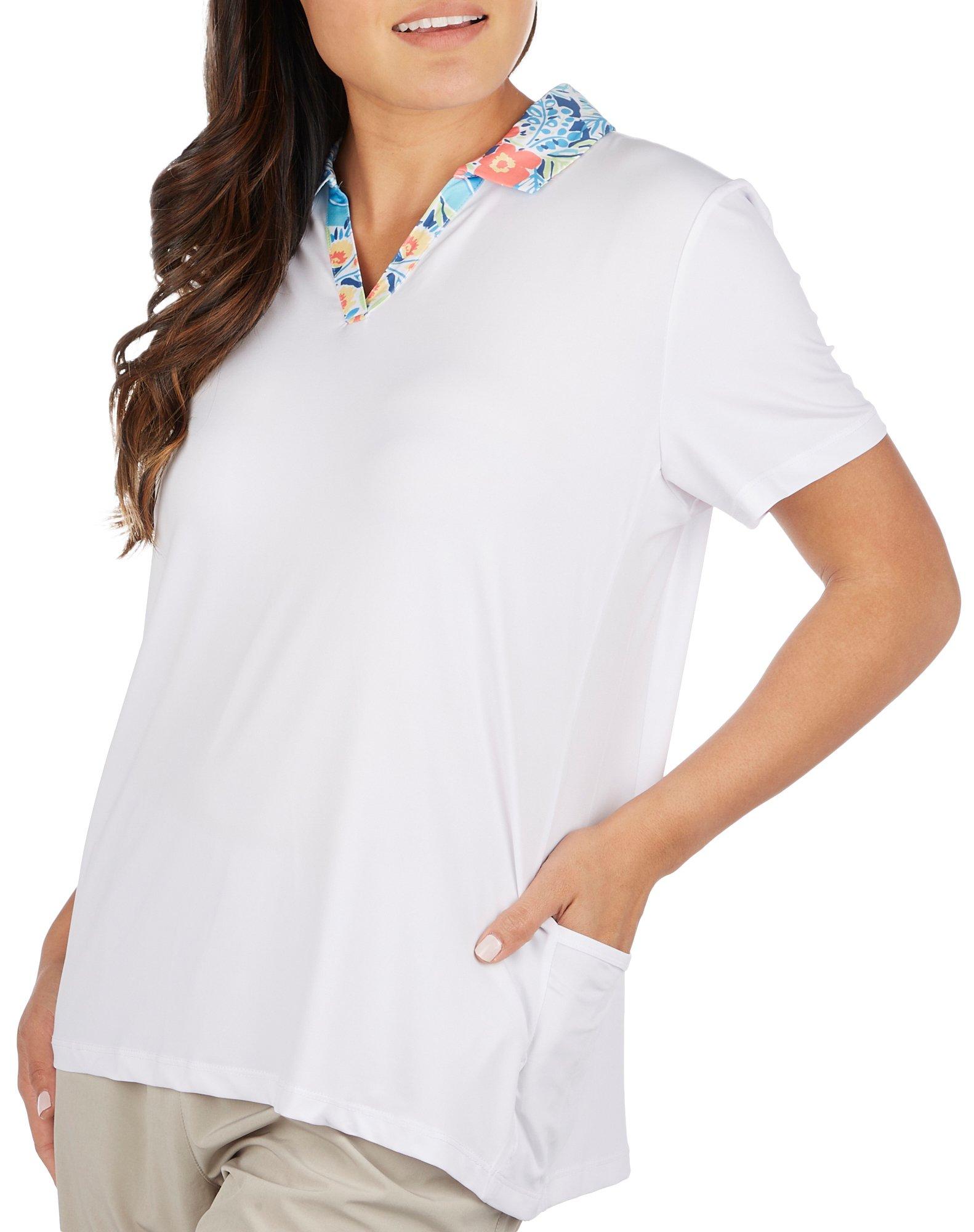 Petite Solid Tropical Trim Short Sleeve Golf  Polo Top