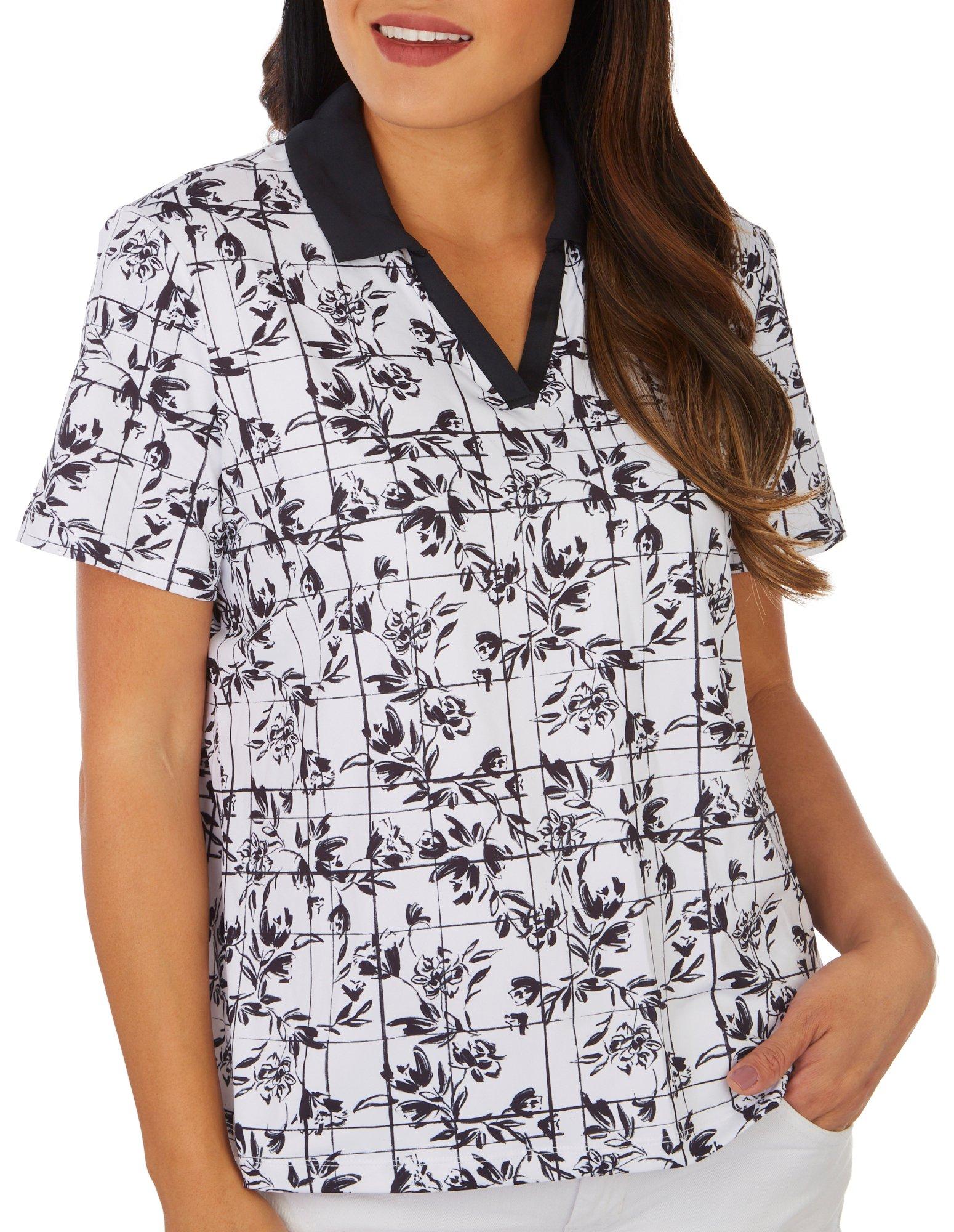 Petite Floral Print Short Sleeve Polo Top