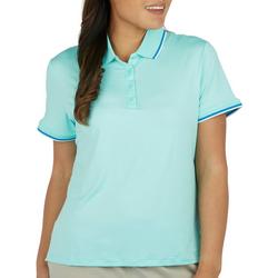 Petite Solid Rib Trim Short Sleeve Button Polo Shirt