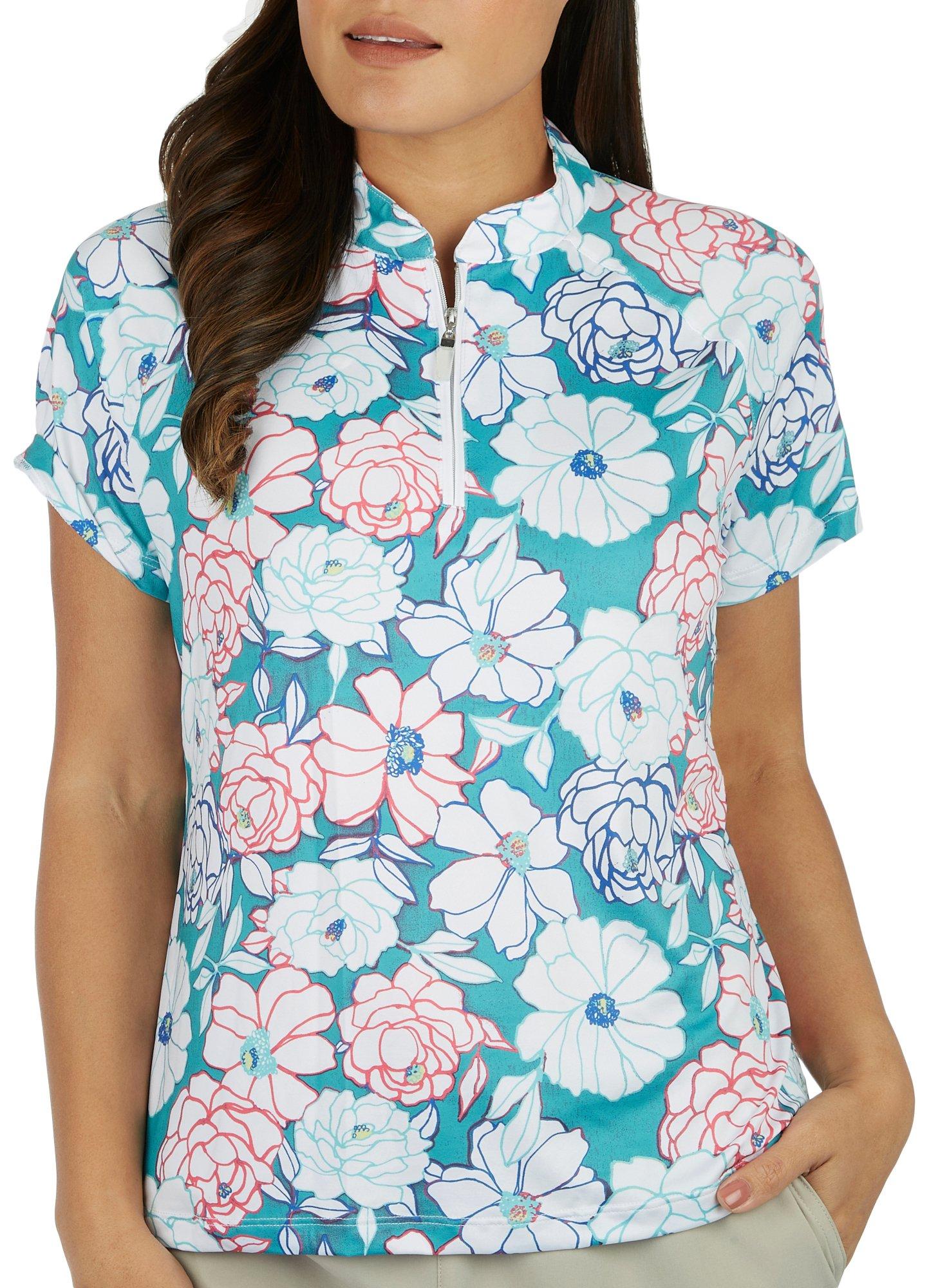 Petite Floral 1/4 Zip Mock Neck Short Sleeve Golf Polo