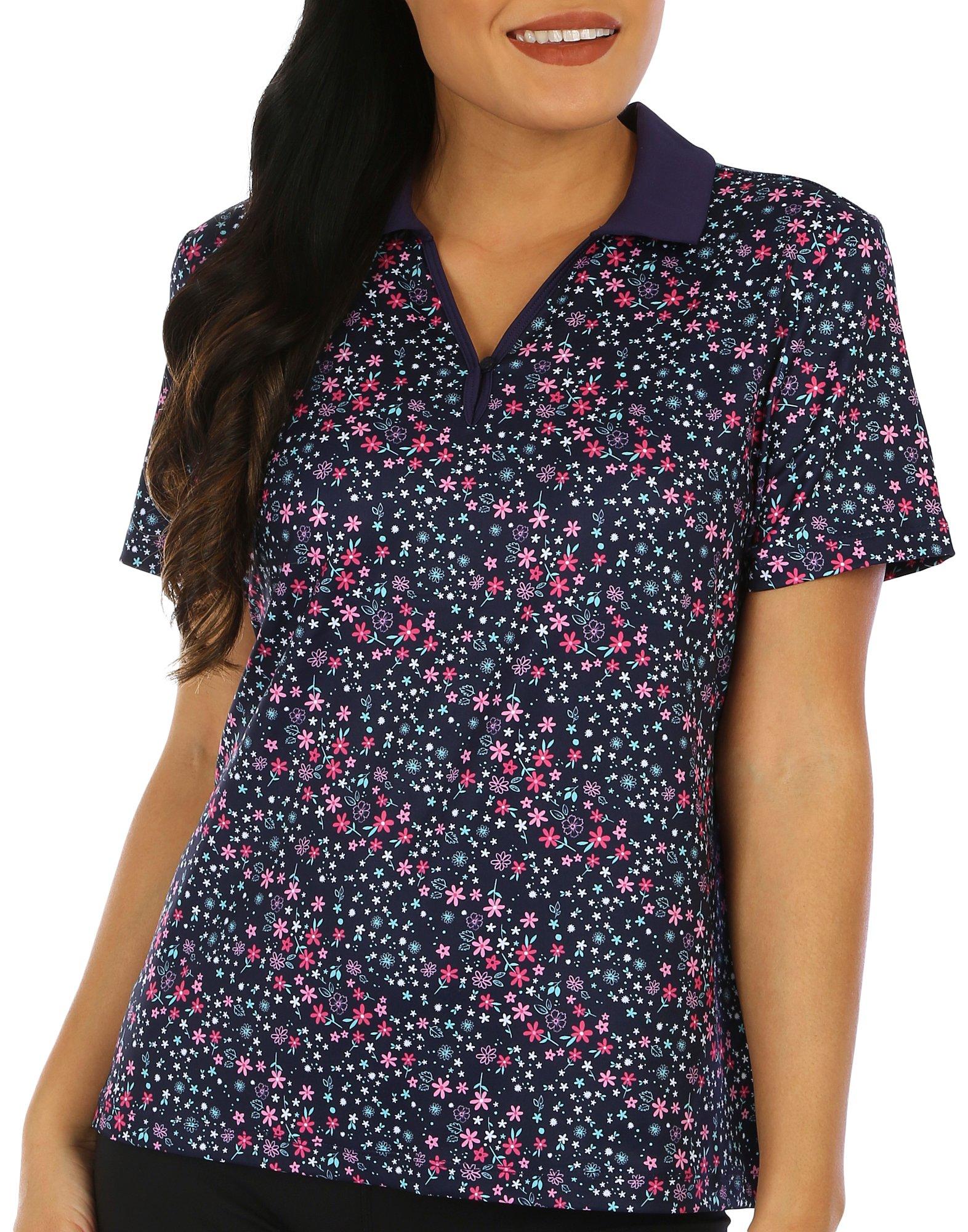 Coral Bay Golf Petite Floral Mesh Inset Short Sleeve Polo
