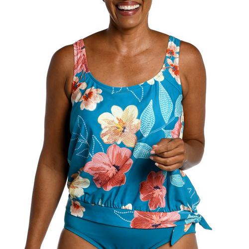 Womens Crafted Botanical Banded Blouson Tie Tankini Top