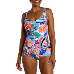 Womens Tropical Abstraction Shirred Girl Leg One Piece