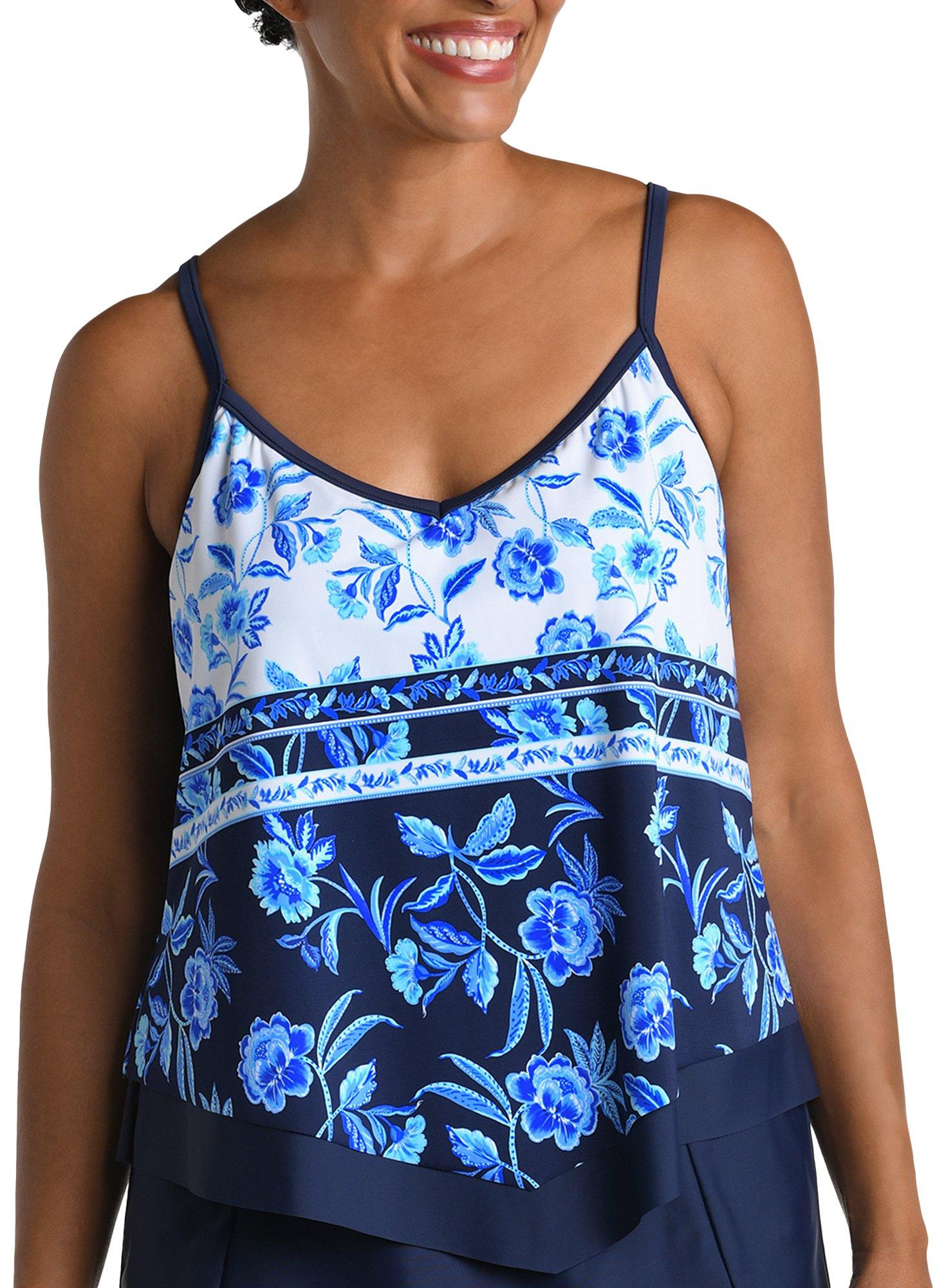 Adjustable Neck Tunnel And Straps Tankini Top For Women-Blue Floral – Tempt  Me