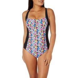 Womens Shirred Graphic Inset One Piece Swimsuit