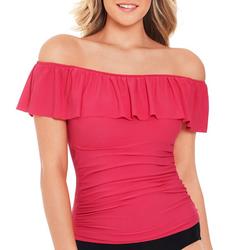 Womens Off Shoulder Solid Ruffle Tankini Top