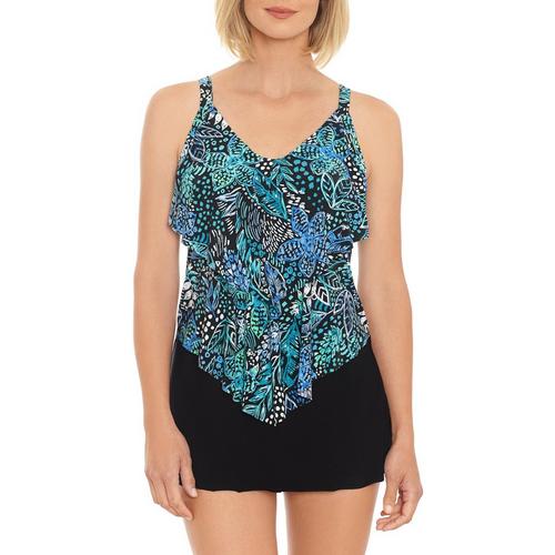 Paradise Bay Womens Double Ruffle Floral Tiered Swimdress