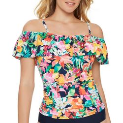 Paradise Bay Womens Off Shoulder Floral Ruffle Tankini Top