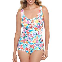 Womens Floral Print Shirred V Neck One Piece Swimsuit