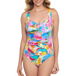 Womens Tropical Shirred V Neck One Piece Swimsuit
