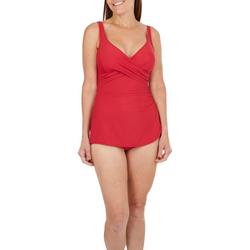 Womens Solid Cross OverSarong One Piece Swimsuit