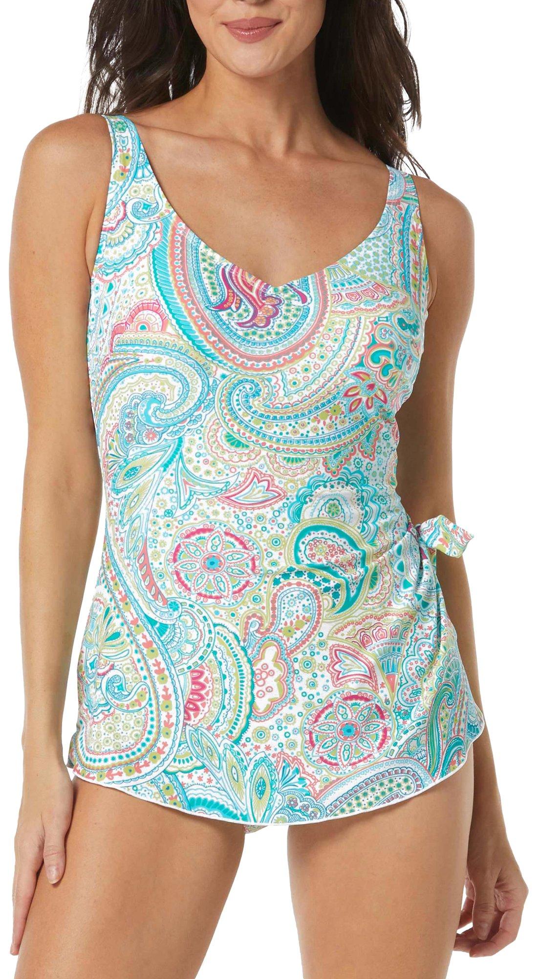 Womens Paisley Sarong One Piece Swimsuit
