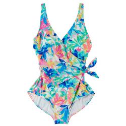 Roxanne Womens Floral Shirred V-Neck Wrap One Piece Swimsuit