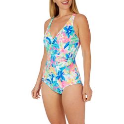 Roxanne Womens Tropical Shirred V-Neck One Piece Swimsuit