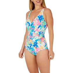 Womens Tropical Shirred V-Neck One Piece Swimsuit