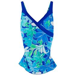 Womens Print V-Neck Banded Sarong One Piece Swimsuit