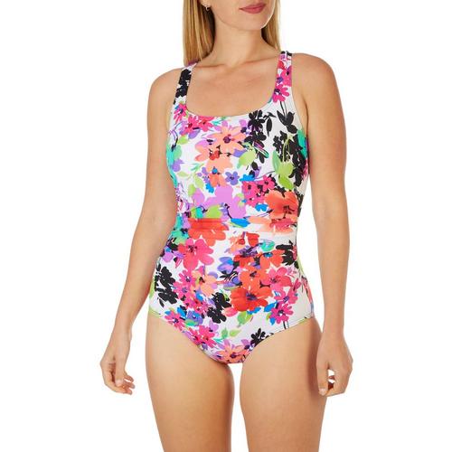 Robby Len Womens Floral Shirred One Piece Swimsuit