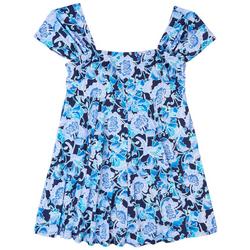 Womens Floral Square Neck Ruffle Sleeve Swimdress
