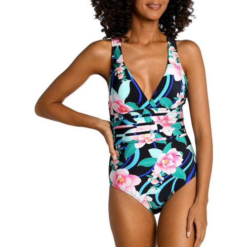 Womens Floral Multi-Strap Cross-Back One Piece Swimsuit