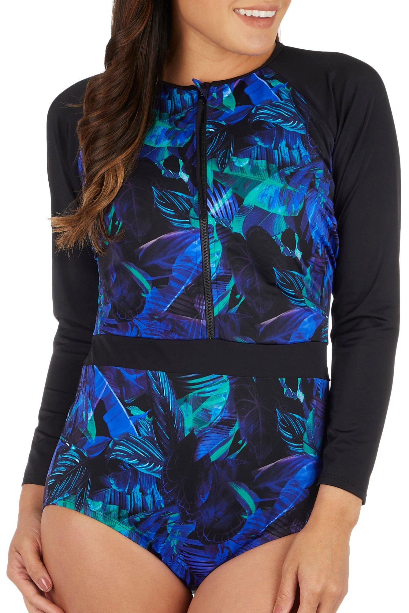 Womens Tropical Tummy Control Long Sleeve One Piece Swimsuit