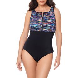 Womens High Neck Zip Front One Piece Swimsuit